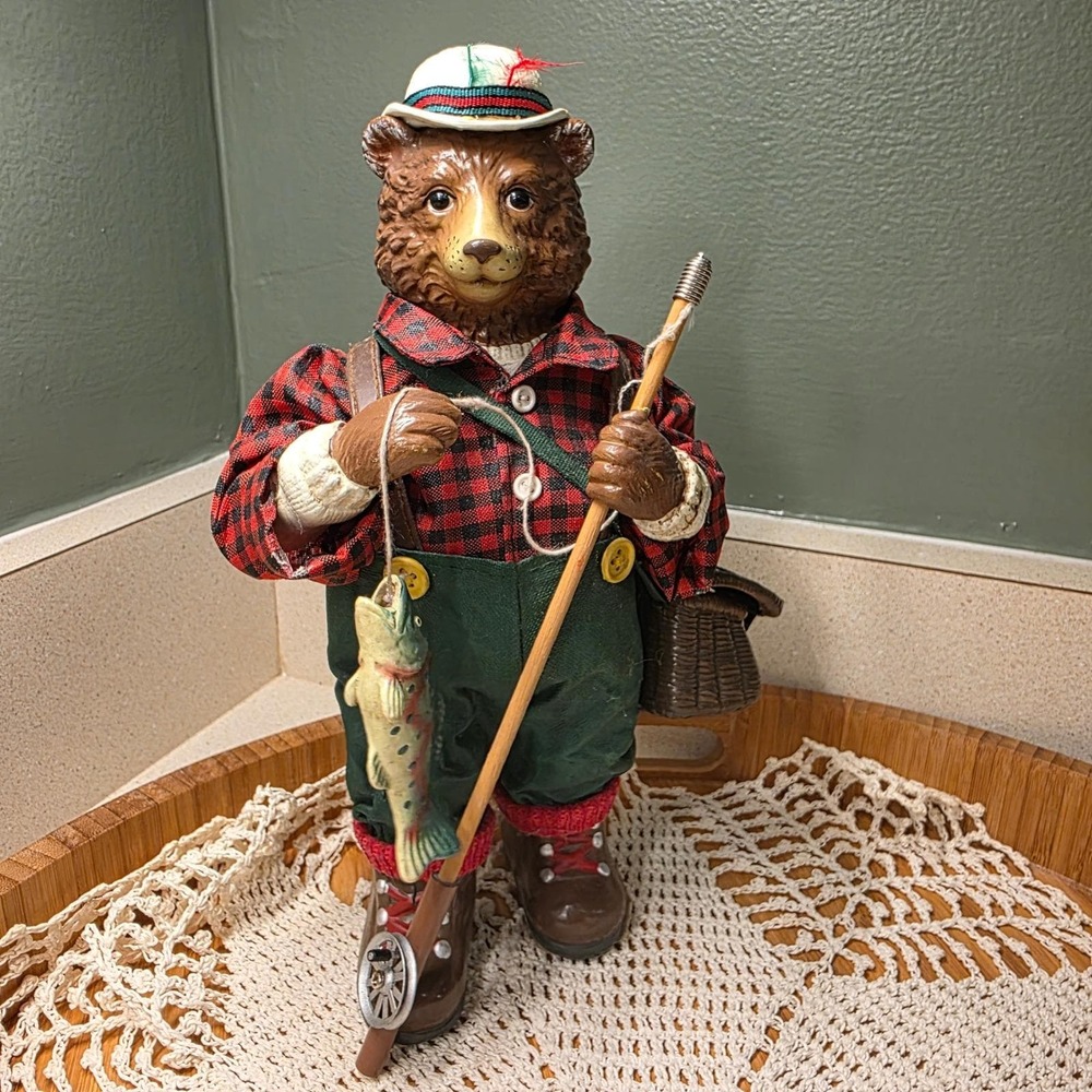 Midwest of Cannon Falls Fishing Bear Figurine 9" Red Plaid Cabin Decor